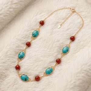 Collier en argent plaqué avec pierres précieuses turquoise et agate rouge, style vintage, pour femmes, fabrication OEM/ODM, vente en gros - Product Image 2