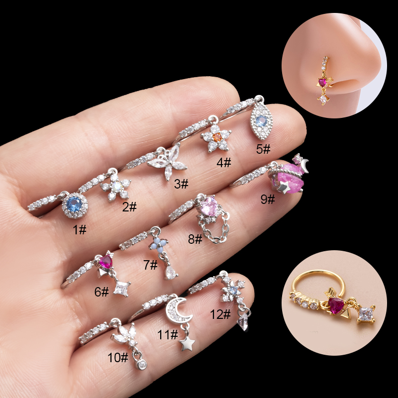 6ixGosh Dangle Nose Rings Hoop For Women Septum Nose Piercing Jewelry Cartilage Earring CZ Flower Leaf Star Butterfly Daith Tragus Helix Lip Piercing, Silver Gold Rose Gold, 8