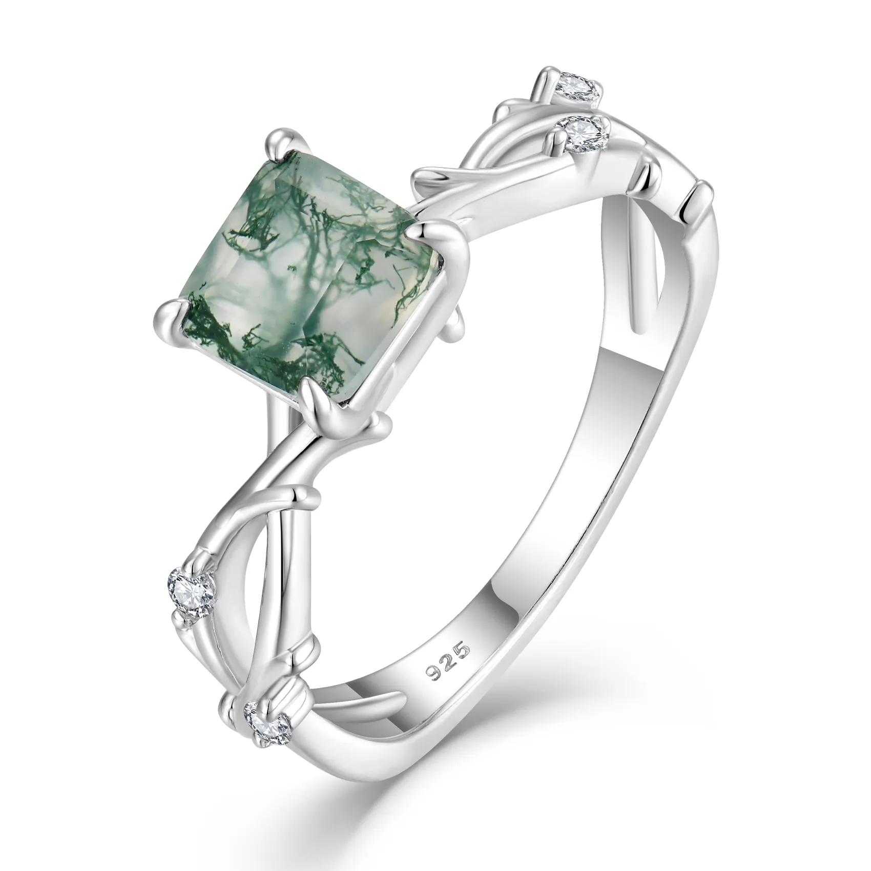 Concurrerende Prijzen Natuurlijke Groene Edelsteen Ring 100% 925 Sterling Zilveren Prinses Gesneden Solitaire Mos Agaat Ring