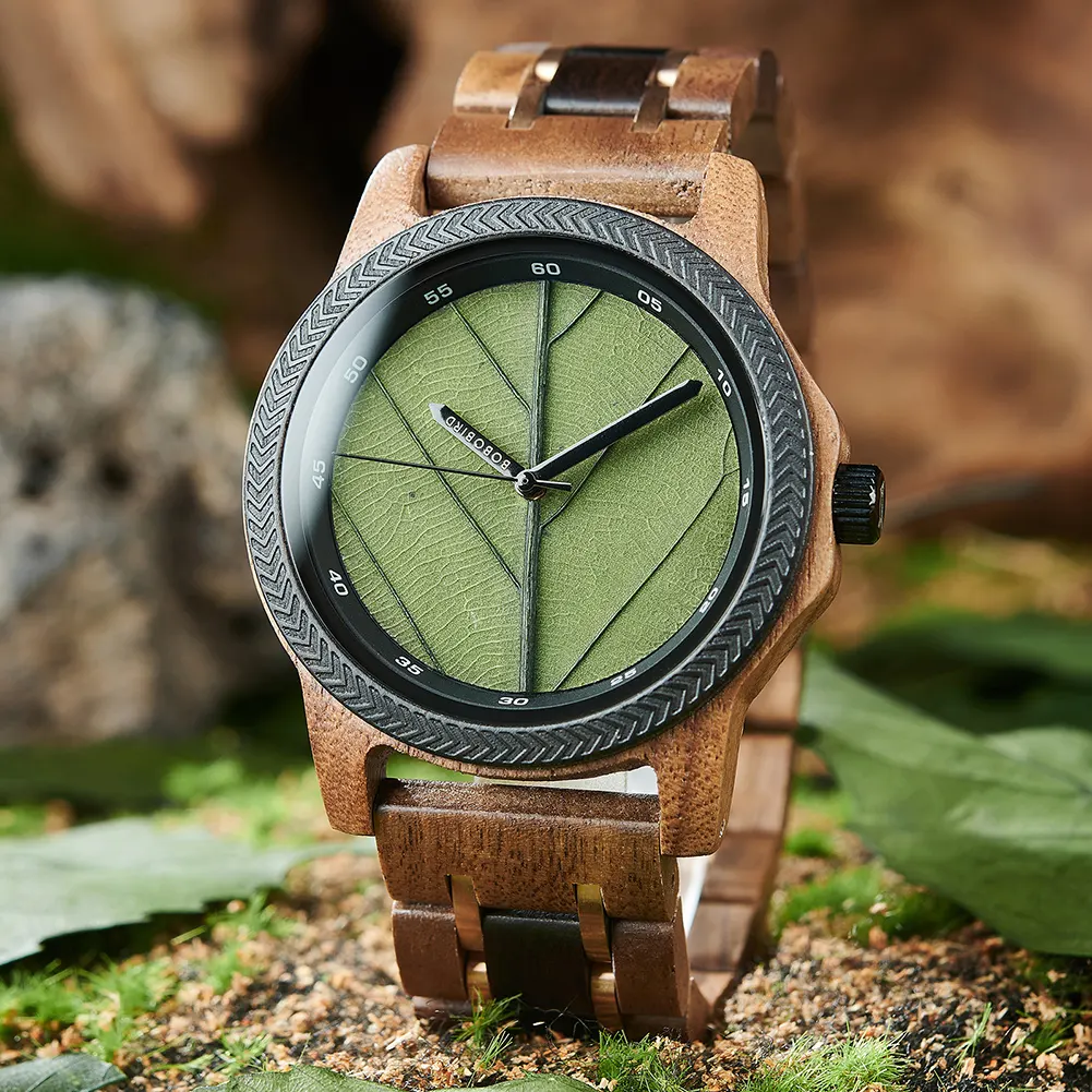 TimelessTreeLeaf Low moq Dropshipping Imported quartz movement real leaves literal metal wooden strap Walnut Ebony wood watch