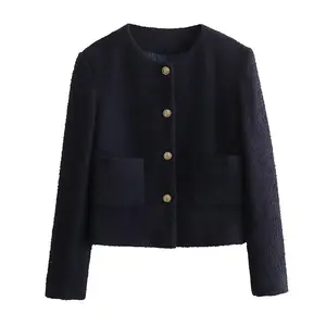 ZATRHMBM 여성의 2024 새로운 패션 작은 향수 스타일 골드 버튼 질감 재킷 레트로 라운드 넥 긴 소매 짧은 재킷