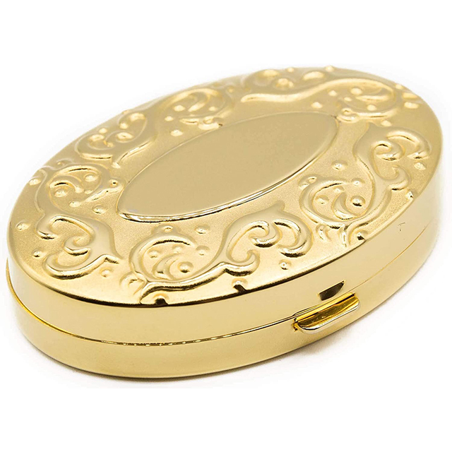 Gold Victorian Print with Mirror Oval Pocket Purse Portable Travel Pill Box & Medicine Organizer (2 Compartments)