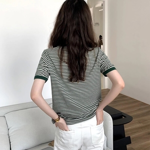 Maglietta donna coreana estate Vintage Patchwork a righe semplice Top sottile sottile Casual manica corta O collo Tee Shirt femminile - Product Image 2