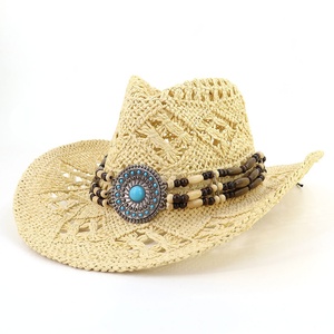 Sombrero de paja de <span class=keywords><strong>vaquero</strong></span> occidental con flores tejidas a mano sombrero de paja de papel Fedora de Jazz tejido a mano - Product Image 4