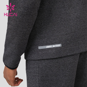 HUCAI OEM produttori di alta qualità nero Marl Zip attraverso gli uomini in pile logo personalizzato semplice sport Fitness Zip up felpe con cappuccio - Product Image 4