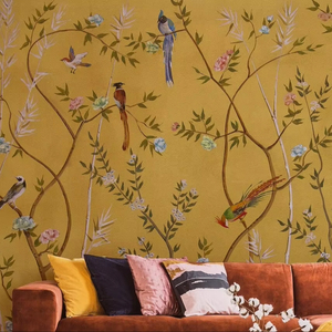 Tùy Chỉnh In Sang Trọng Chinoiserie Thực Vật Động Vật Vàng Hình Nền Thiết Kế Trang Trí Nội Thất Bức Tranh Tường Vàng Hình Nền Cho Khách Sạn Nhà Phòng Khách - Product Image 1