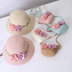 Go Party Summer Beach Travel Sun Hats For Kids Wide Brim Flower Straw Hat Matching Visor Hat And Purse Set Handbag For Girls