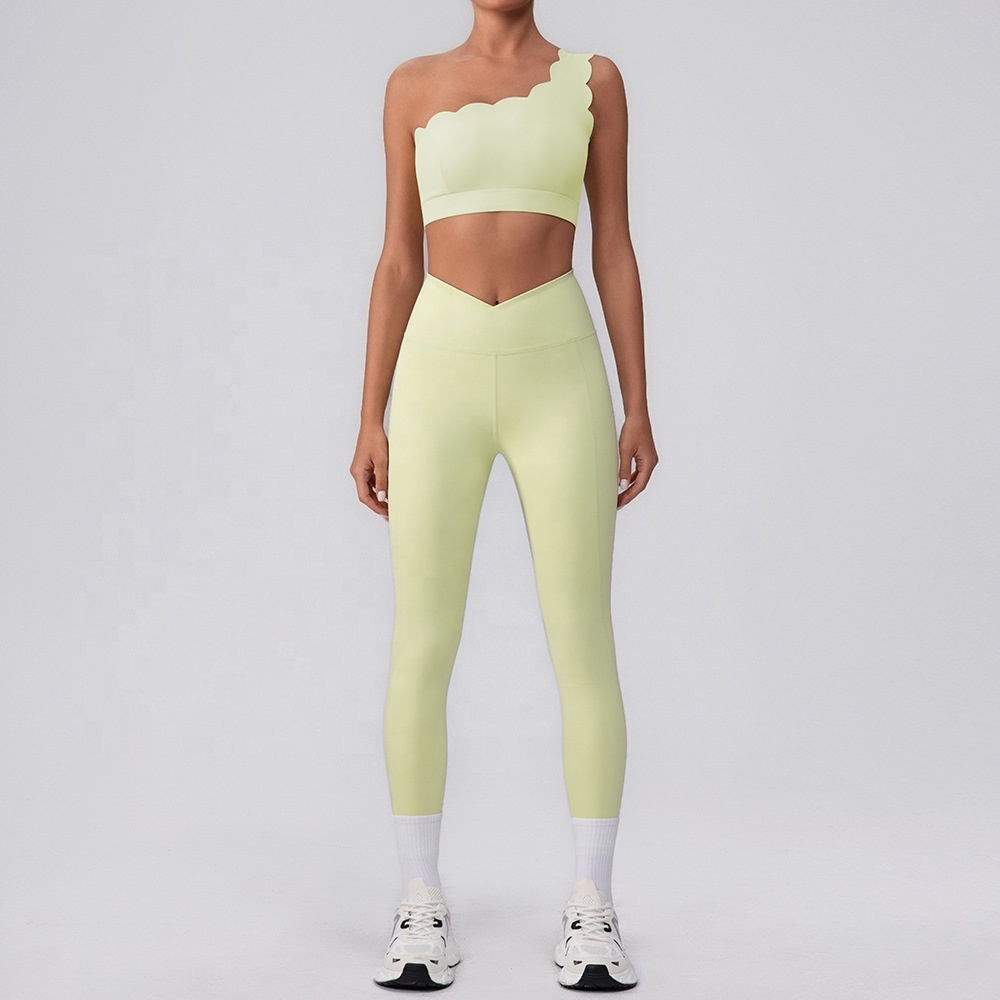 SDY-034 25 New Collection One-Shoulder Lace Yoga Set Breathable Off-Shoulder Sports Bra High-Waist Cross Front Pants Sets