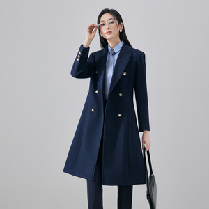 Women's Black Wool Blend Coat Mid Length Double Breasted Warm Office Wear - Product Image 2