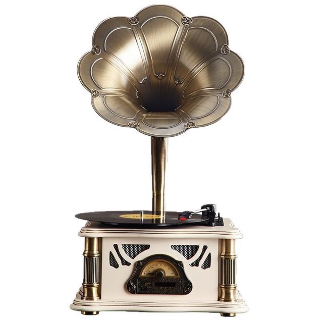 Vintage Retro Gramophone with Handcrafted Gilded Horn BT 5.0 FM Radio Turntable 2.0 Stereo for Living Room Bedroom Home Decor
