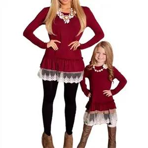 बुटीक आउटफिट ठोस रंग फीता हेम माँ बेटी मिलान पोशाक सीधे लंबी आस्तीन थोक माँ और मुझे कपड़े