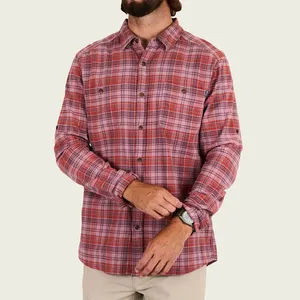 Camisa de pesca de franela a cuadros, camisa personalizada de alta calidad con estampado de manga larga y bolsillo doble en el pecho