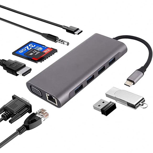 11 Port 11 in 1 Docking Station Type-c Usb Hub HD 4K RJ45 VGA Audio 3.5mm SD TF PD USB3.0 Compatible