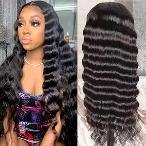 Perruque Lace Frontal Wig brésilienne 100% naturelle, cheveux vierges, Deep Wave, 10-40 pouces, perruque Lace Front Wig transparente suisse avec extrémités complètes