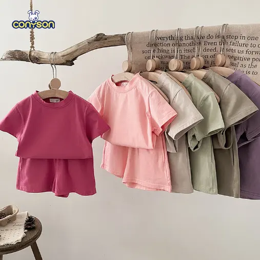 Conyson 2024 moda infantil moda esportiva terno de verão para meninos e meninas casual solto macio cor sólida terno esportivo personalizável