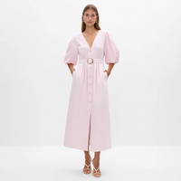 Robe midi rose pour femme, col en V, boutonnée sur le devant, manches bouffantes, ceinturée, coupe trapèze avec poches, vente en gros