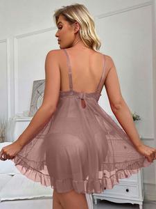 2 Pcs Breathable Lace Winter Short-Sleeved Polyester Nightgown Women Homewear <b>Green</b> Nighttime Pajamas Transparent Split Bow-Neck - Product Image 3