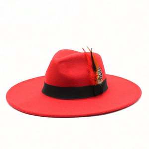 Sombrero Clásico de Ala Ancha de Fieltro para Exteriores, Sombreros Fedora para Mujer al por Mayor 2022 con Cinturón de Plumas - Product Image 3