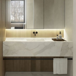 OEM Sinered Design moderne Ensemble de meubles pour salle de bain à double vasque mural Carcasse en aluminium Smart Mirror Stone Dessus en marbre OEM - Product Image 4