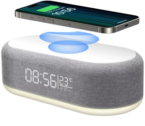 Cargador Inalámbrico 6 <span class=keywords><strong>en</strong></span> 1 de 15W para Teléfono Móvil con Altavoz Inalámbrico, Reloj, 9 Diseños de Luz Ambiental y Luz de Protección Ocular con <span class=keywords><strong>Alarma</strong></span> - Product Image 1