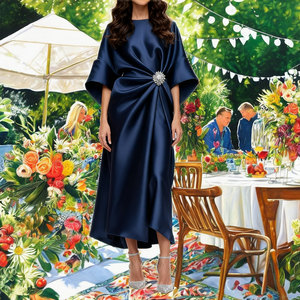 Vestidos Midi Casuales de Verano para Mujer, Elegantes, Decorados con Perlas y Flores, de Satén, Cintura Natural, Transpirables, a la Moda - Product Image 2