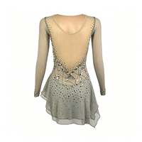 Robe de patinage artistique gris clair à manches longues en maille avec strass pour enfants et adultes, idéale pour les compétitions et spectacles sur glace