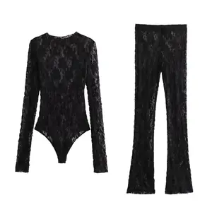 New Arrival Lace Outfit Long sleeve black color floral pattern women lace one piece jumpsuit And Pants Two Piece Set For Women