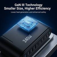 Estación de Carga de Escritorio GaN³ de 240W con 8 Puertos, Cargador Desmontable USB-C PD USB-A QC PD100W, Hub de Energía para Juegos, Laptop, Teléfono, Tableta