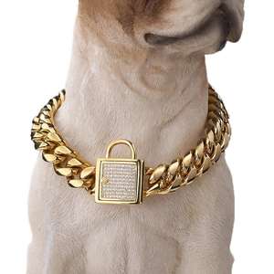 Haustier Schmuck Zirkon Bling Schnalle 14mm Edelstahl Gold kubanische Kette Hunde halsband - Product Image 3