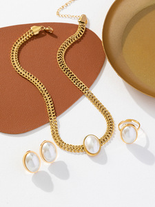 TZ119 European and American <b>Thick</b> Chain Large Pearl Necklace, Earrings and <b>Ring</b> Stainless Steel Set - Product Image 3