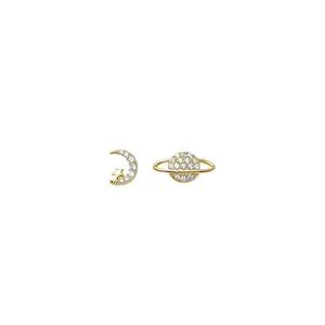 2023 Korean CZ Asymmetry Planet Moon Stud Earrings 925 Silver Needle Crescent Boucles D'oreilles Kupe Fashion Jewelry