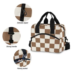 Sac à déjeuner isotherme personnalisé à carreaux marron avec fermeture éclair pour pique-nique, à porter à l'épaule pour le stockage des aliments - Product Image 3