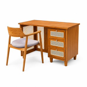 Japandi <b>Solid</b> Teak Eco-Friendly Durable Office <b>Desk</b> Cane Panel Storage Upholstered Chair <b>Wooden</b> Workspace Furniture Collection - Product Image 4