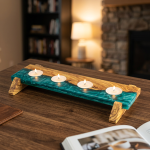 Support de bougies en bois et résine artisanal, pour plusieurs bougies, support de table de luxe, décoration d'événements hôteliers, centre de table nordique - Product Image 1