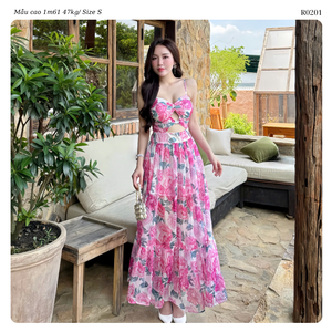 Robe longue élégante rose à fleurs pour femme, sexy, dos nu, bustier torsadé, évasée, à volants, idéale pour l'été et les stations balnéaires - Product Image 5