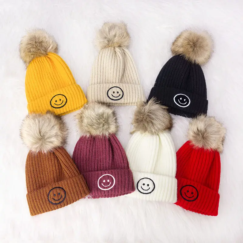 Winter Warm Pompom Cotton Blends Crochet Cashmere Knit Thick Kids Toddler Baby Beanie Hats Custom Logo Design Beanies Cap Hats