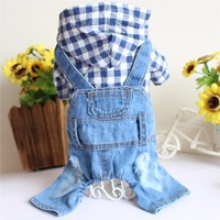 Vêtements pour chien, combinaison à quatre pattes en denim rayé à capuche pour chiens Teddy Bear