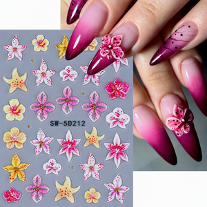 Autocollants pour <span class=keywords><strong>ongles</strong></span> TSZS élégants en relief 5D, orchidée, lys, rose, violet, jaune, motifs floraux, points dorés, pour la création de manucures professionnelles DIY - Product Image 2
