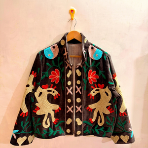 Premium Brown <b>Velvet</b> Embroidered Suzani <b>Jacket</b> with Floral & Ying Yang Pattern Full Sleeve Stand Collar Boho Soft Winter Outwear - Product Image 1