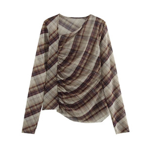 MYST & ZA mujer 2025 primavera nuevo escote asimétrico Retro a cuadros <span class=keywords><strong>tul</strong></span> plisado Camiseta <span class=keywords><strong>de</strong></span> <span class=keywords><strong>manga</strong></span> <span class=keywords><strong>larga</strong></span> 5039280 - Product Image 1