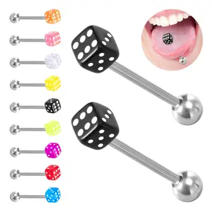 New 1Pair Colorful Acrylic Tongue Piercing Jewelry Good Luck Dice Tongue Piercing 14G Stainless Steel Bars Barbell Tongue Ring