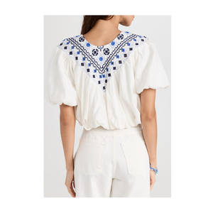 Sweet Bubble Hem Embroidered <strong>White</strong> Cotton Crop <strong>Top</strong> <strong>Boho</strong> Women Resort Wear - Product Image 4