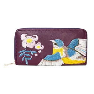 Byleading High Quality Logo Custom Pu Leather Long Bird Embroidery Wallet Women