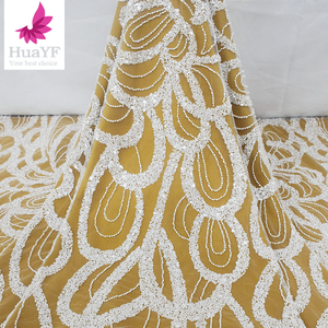 Venta Superior francés blanco con cuentas <span class=keywords><strong>lentejuelas</strong></span> nupcial vestido de encaje de novia Aso Ebi venta al por mayor para 5 yardas 2017 - Product Image 5