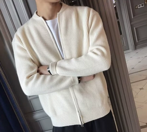 <b>Men</b> Ribbed Zip Up <b>Cardigan</b> Sweater Solid Color Knitted Jacket Stand Collar <b>Long</b> Sleeve <b>for</b> Autumn Winter - Product Image 2