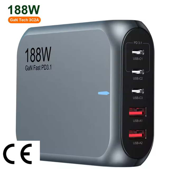 188W 140W 5-Port GaN PD 3.1 Fast Charger Portable Type C Desktop Charger with EU US UK AU Plug Overcurrent and OVP Protection