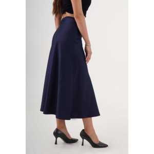 Falda larga de satén azul marino con volantes, 100% seda brillante, corte en A, para mujer - Product Image 1