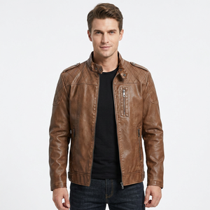 Chaqueta de Cuero Sintético Marrón para Hombre, Diseño con Hombros Acolchados, Corte Ajustado, Estilo Casual, Chaqueta de Motociclista para Otoño - Product Image 6