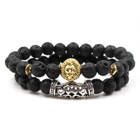 Ensemble de 2 bracelets perlés de 8 mm en pierre volcanique, tête de Bouddha, tête de crâne, casque de guerrier spartiate, couronne, unisexe