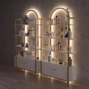 Vitrine de présentation de produits de beauté professionnelle, présentoir sur pied doré pour boutique de cosmétiques, présentoir de cosmétiques à LED - Product Image 2
